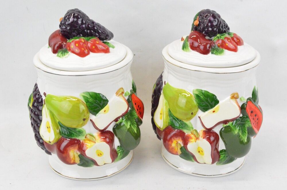 Vintage KMC Paradise Ceramic Canisters Set 2 3D Fruit Motiff Cookie Jars 7.5"
